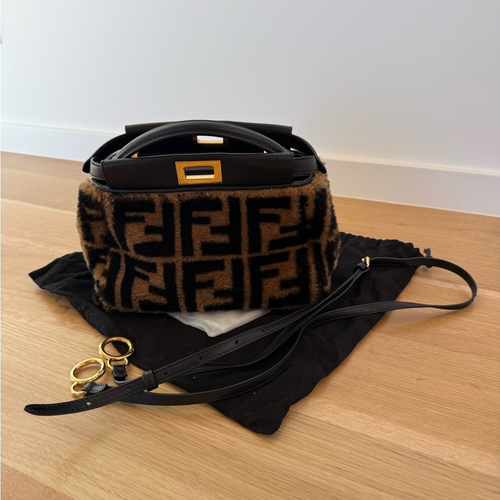 Fendi Brown & Black Shearling Mini Peekaboo Bag with Gold Hardware - Picture 6 of 8